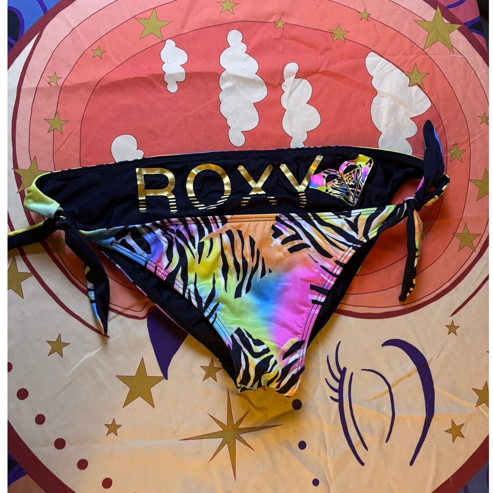 Roxy Reversible Bikini Bottoms Y2K Rainbow Zebra Gold Logo Side Tie Swimwear M